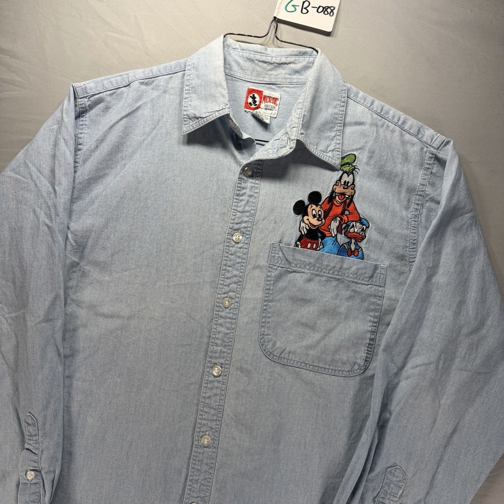 Vintage Disney Denim Button Up Shirt Mens Large Blue Embroidered 90s