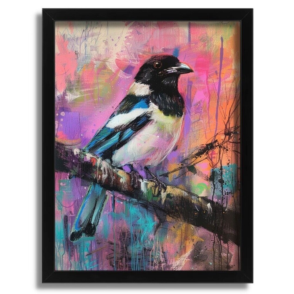Magpie Bird Wall Art Print Animal Vintage Bird Print Magpie Oil Pastel Print