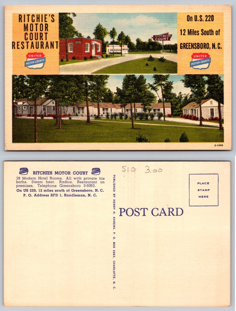 Ritchies Motor Court Restaurant Greensboro NC Postcard