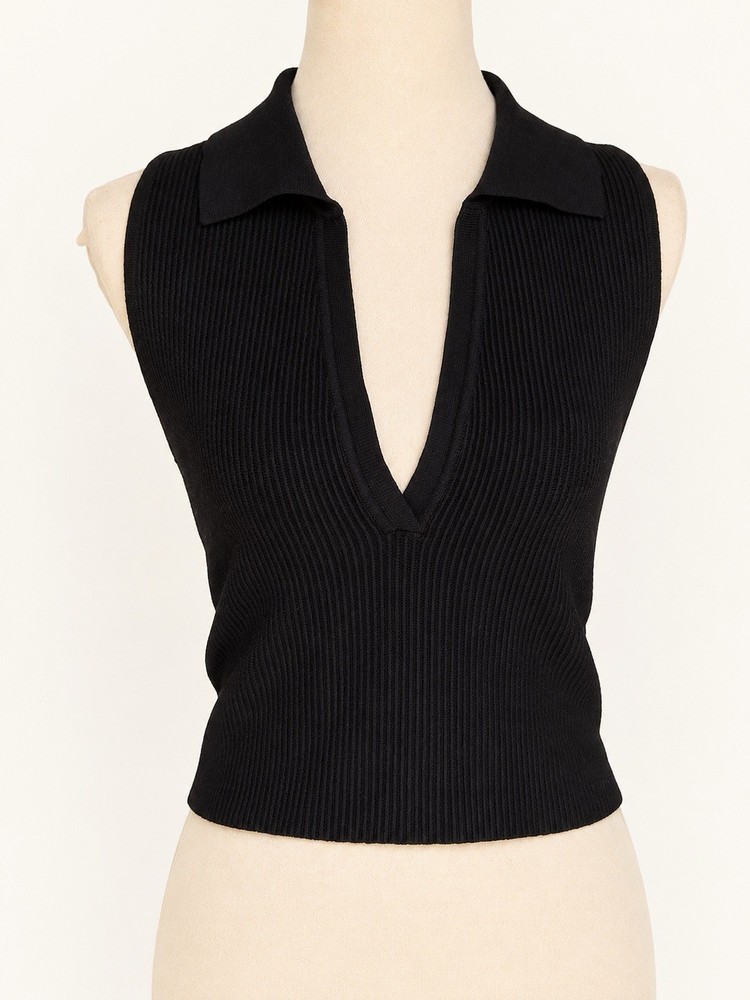 House of Harlow 1960 Black Ribbed Sleeveless Polo Crop Knit Top Size M
