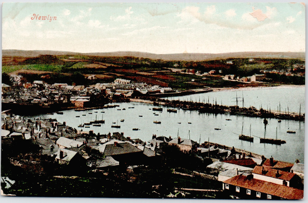 Vintage 1905 UK Postcard England Cornwall Newlyn Aerial Harbour View Boats Scene