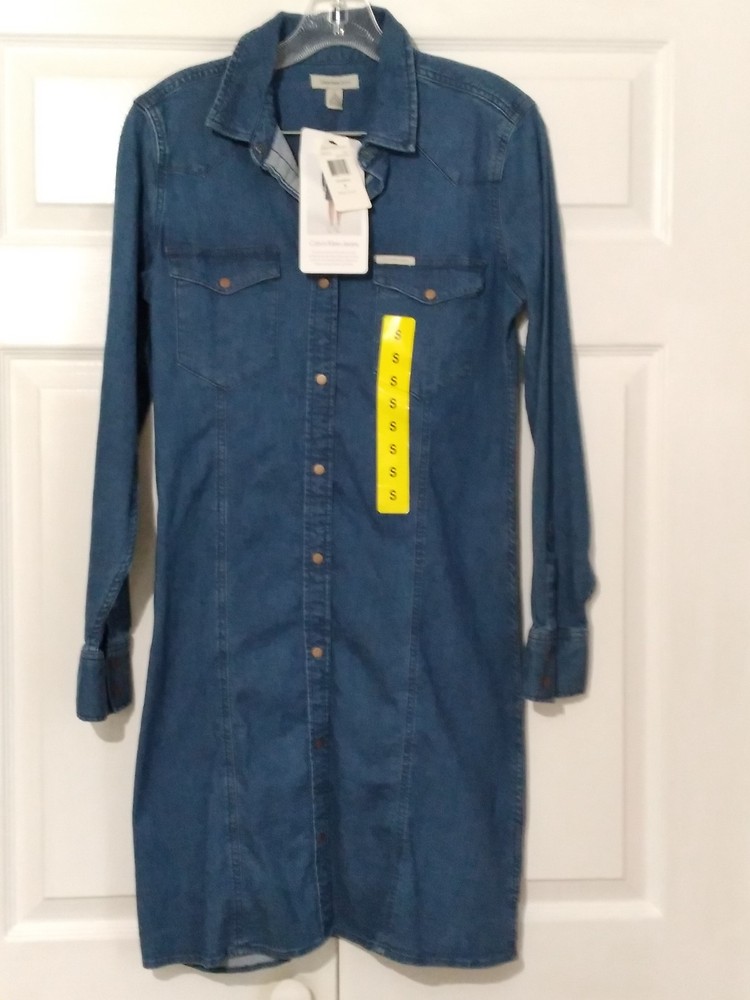 NWT Calvin Klein Blue Denim LS Shirt Dress 2 Pockets Button Women's S NWT
