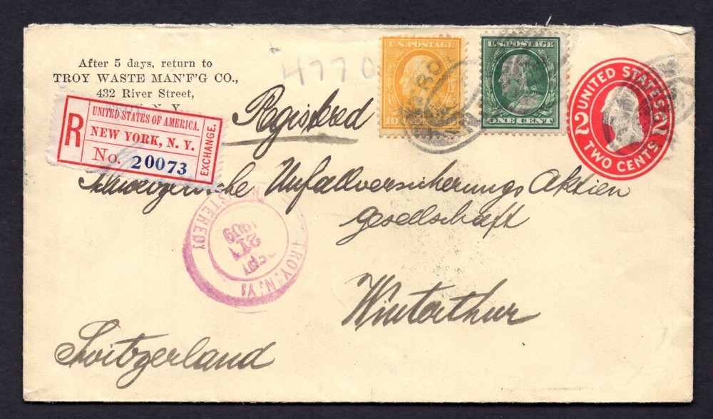 Us 1909 Registered N.y. Exchange Label Transatlantic Cover To Winterthur