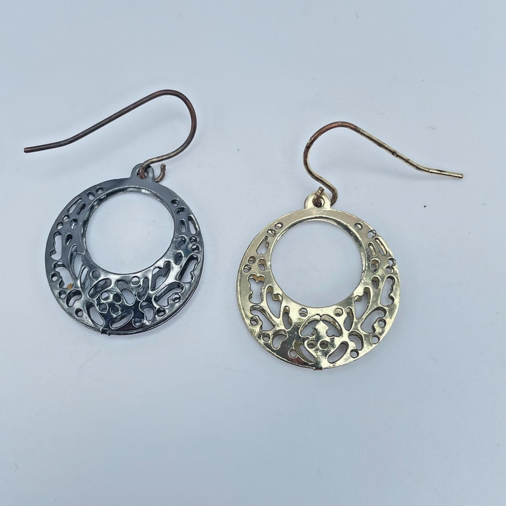 Vintage 90s Openwork Filigree Heart Silver/Gold Tone Dangle Earrings Jewelry 90s