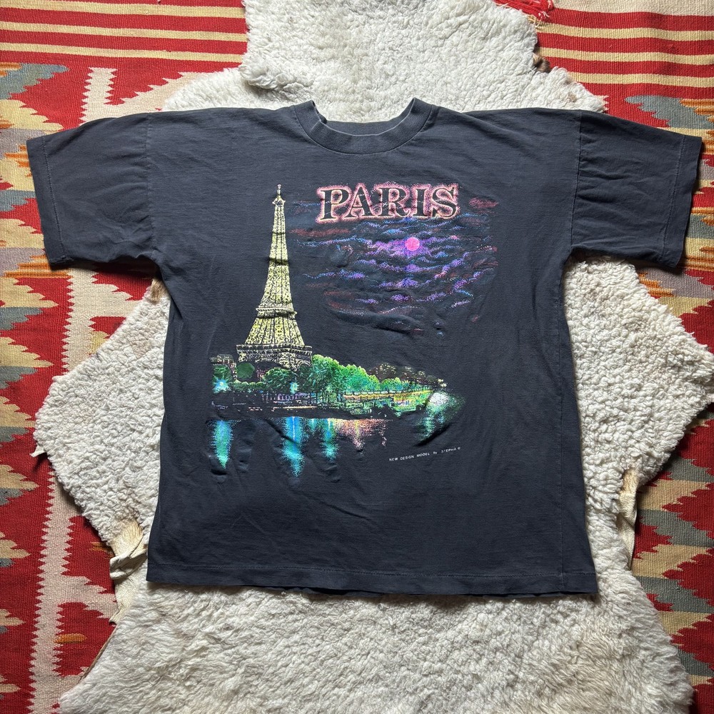 Vintage 80s Paris Eiffel Tower Men's Black T-Shirt Size L Single Stitch