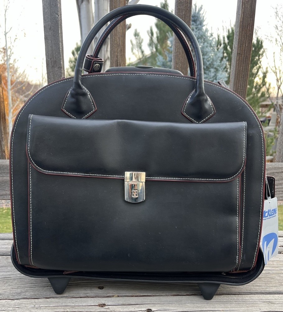 New! McKlein Glen Ellyn Black Leather Detachable Wheeled Briefcase Bag *READ*