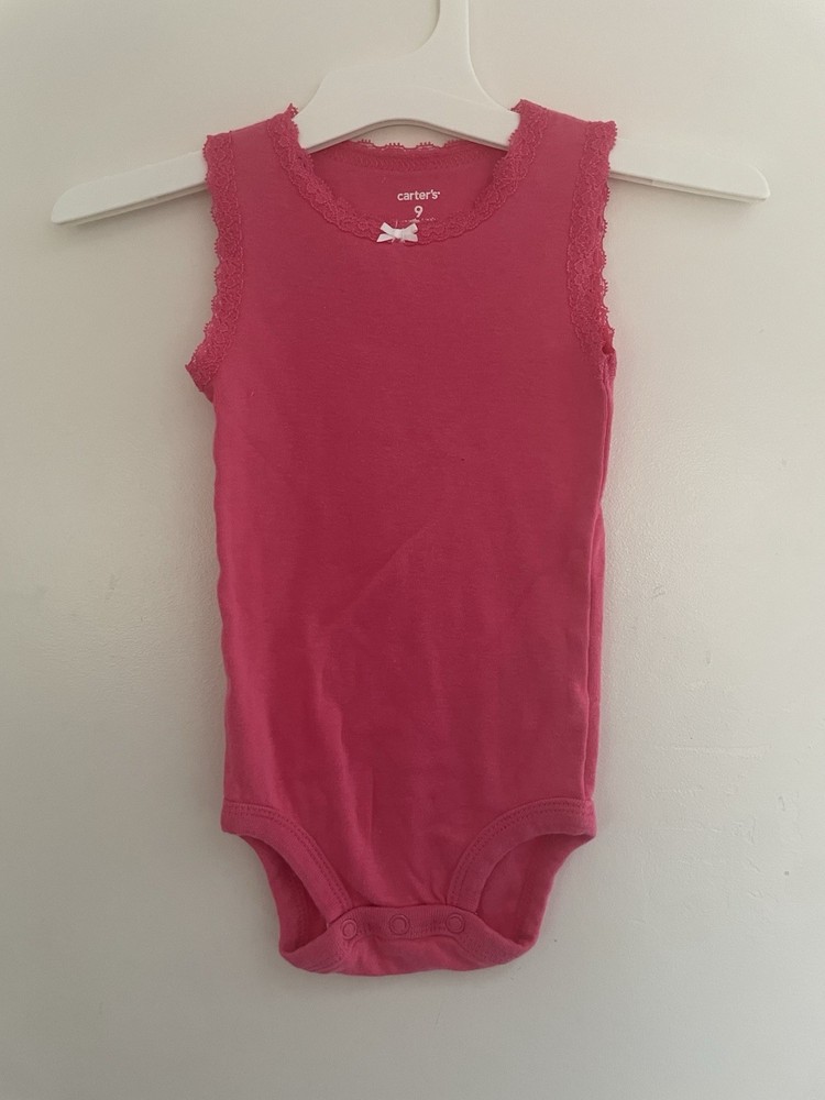 Carter's Baby Girls Solid Pink Bow Lace Trim 100% Cotton Sleeveless Bodysuit 9M