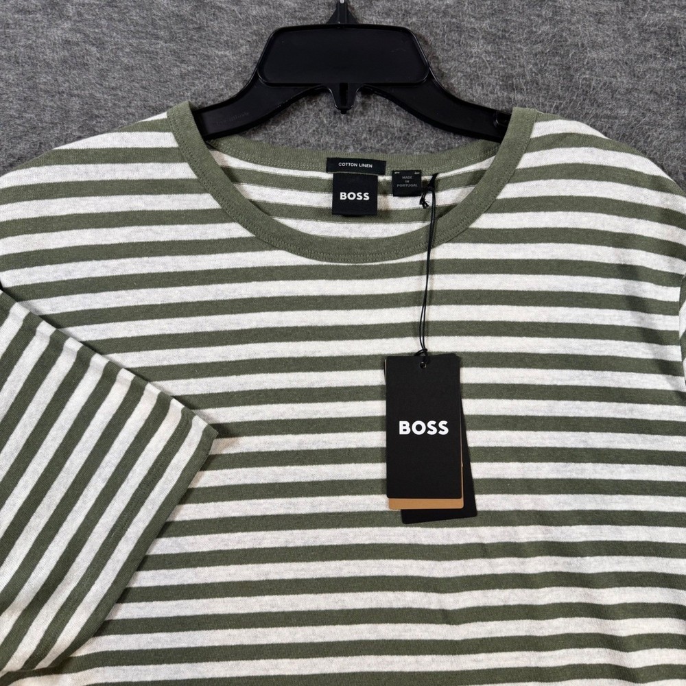 Hugo Boss Cotton Linen Striped T-Shirt Casual Everyday Top Green Sz 3XT NEW
