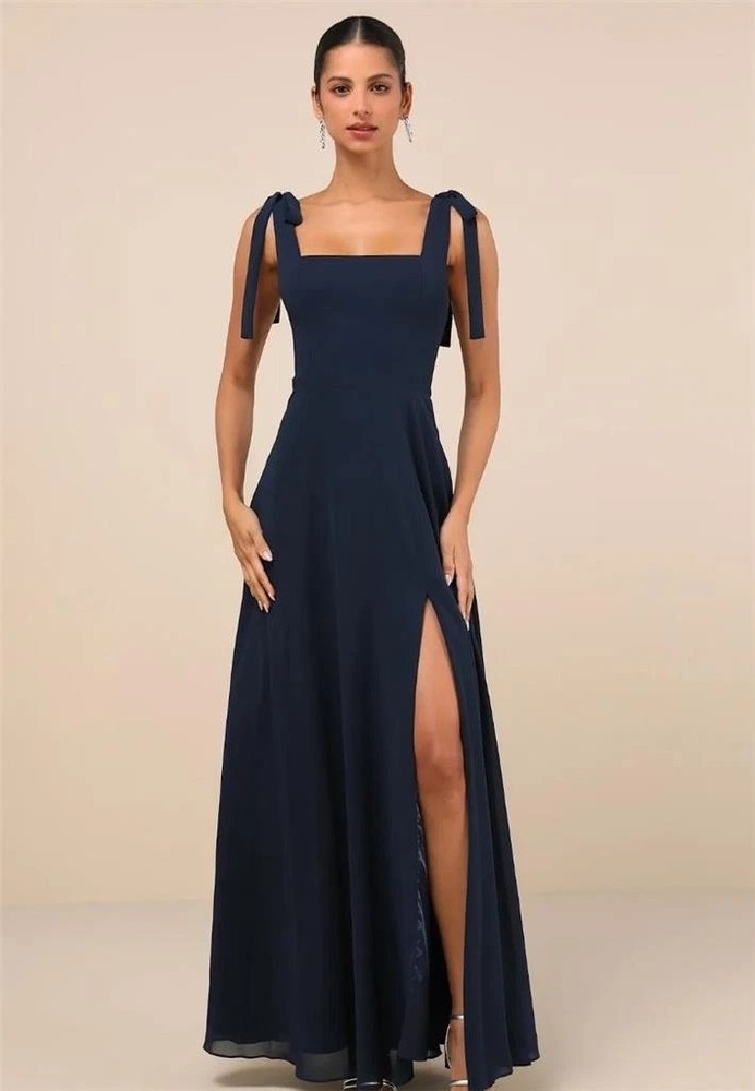 Lulus NWT Love Me Forever Navy Blue Tie-Strap Square Neck A-Line Maxi Dress Lg