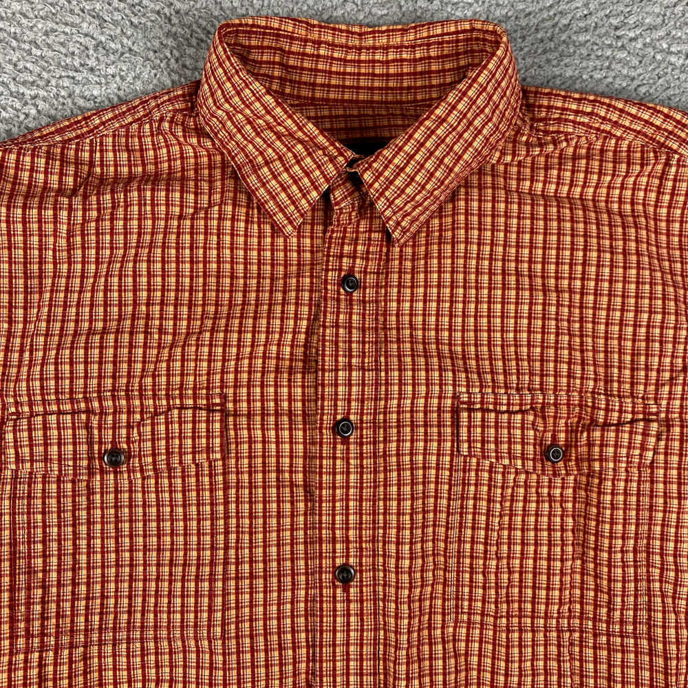 Eddie Bauer Men's Large Orange Red Seersucker Relaxed Fit Shirt for Fishing & Hiking  