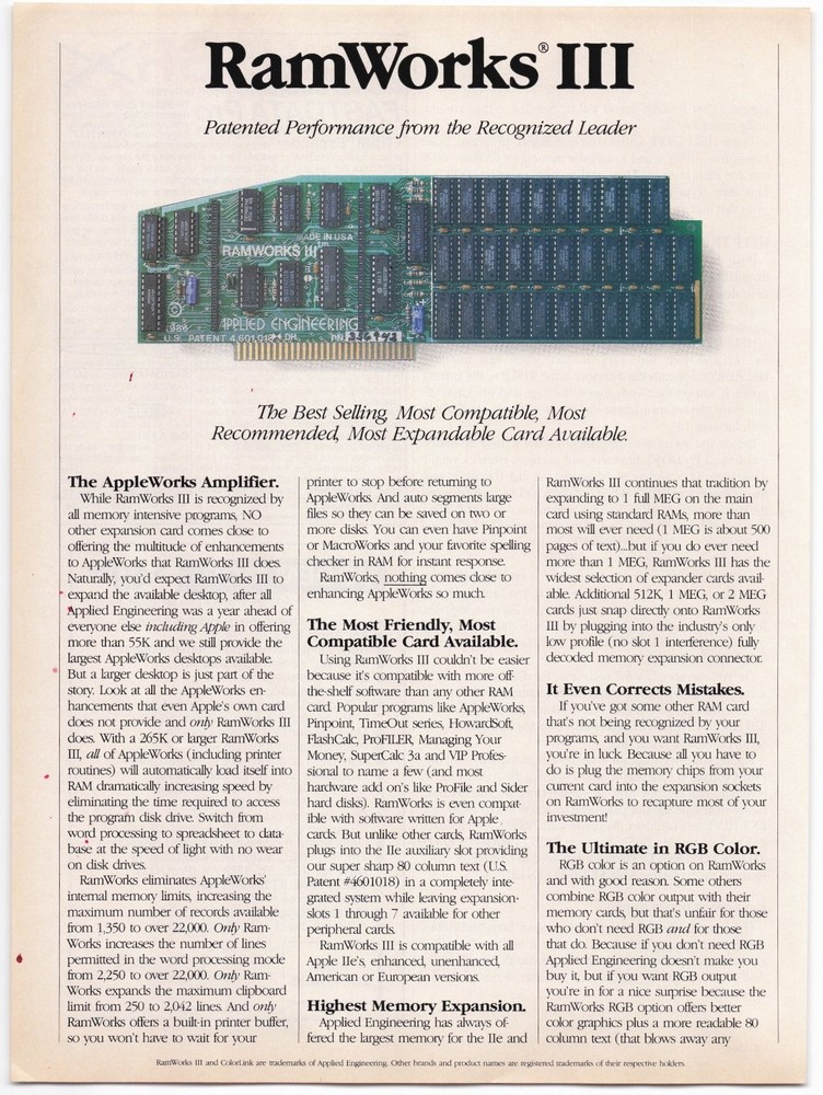 Applied Engineering RamWorks III Computer Ad 1986 Apple IIe Memory Expansion