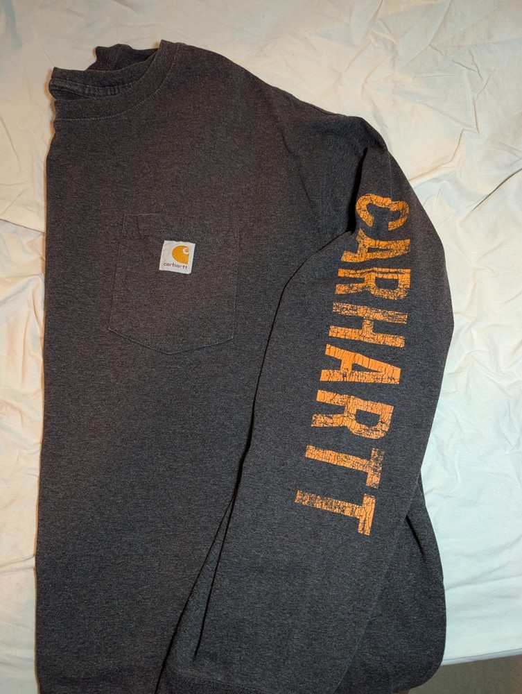 USED Carhartt Men's T Shirt 4XL Dark Grey Spellout Original Fit Long Sleeve