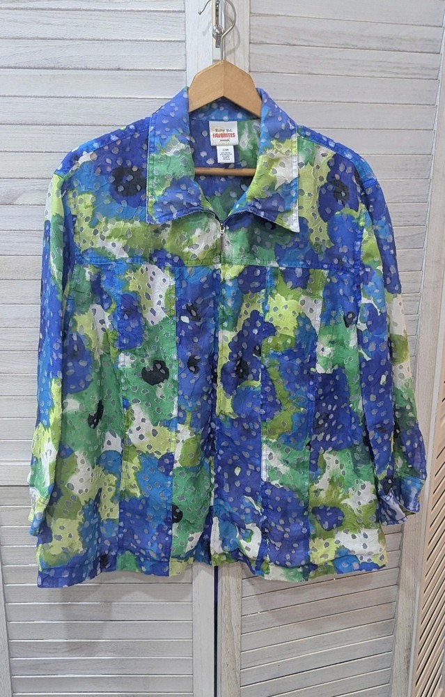 Ruby Rd. Sz 22W Sheer Blouse Zip Jacket Blue Green Floral Pattern, Lightweight