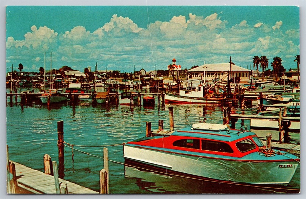 Harbor Marina Boats Fishing Fleet Vacationers Rockport TX C1960s Postcard AB17