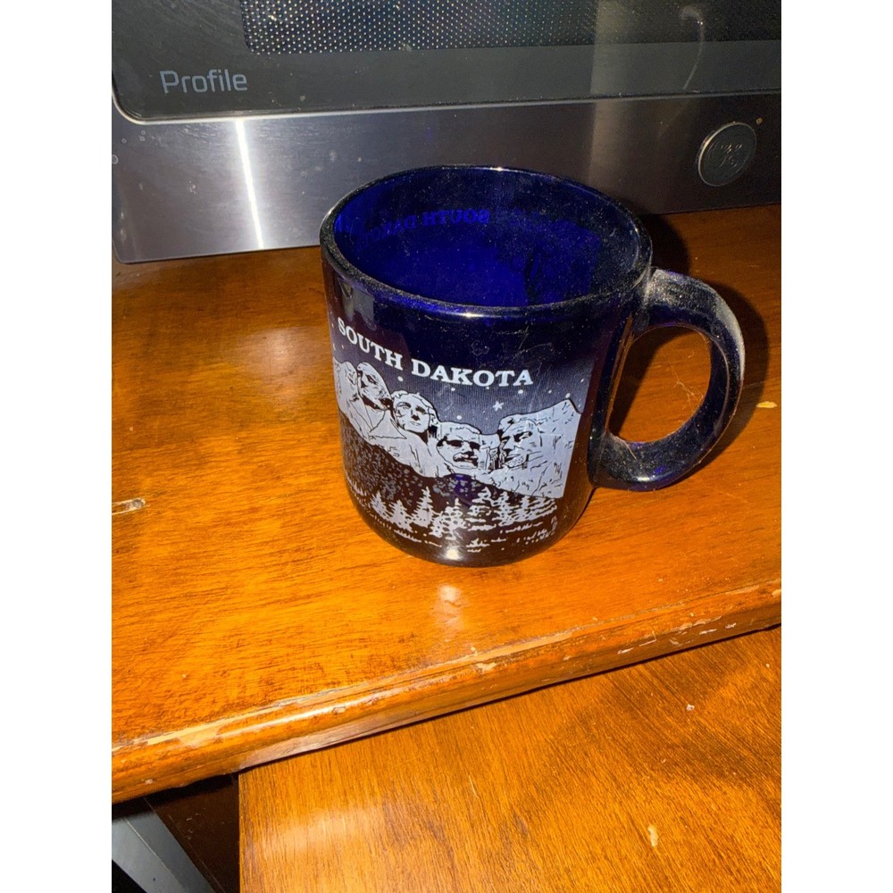 Vintage South Dakota Mount Rushmore Cobalt Blue Glass Coffee Mug Made in USA