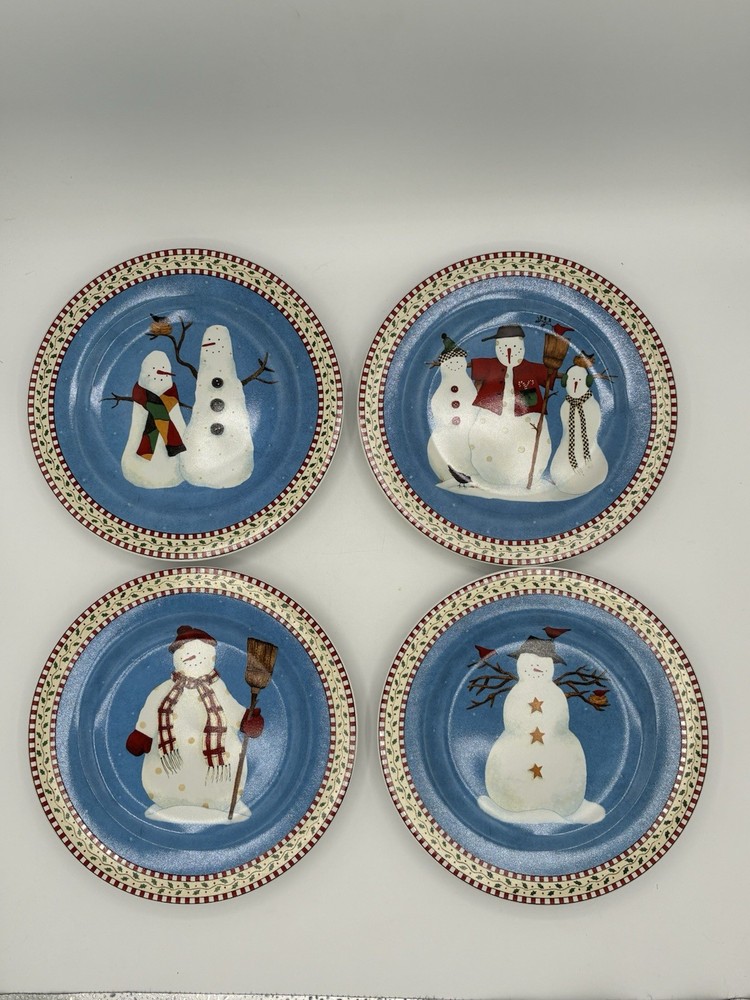 Vintage Sakura Debbie Mumm Snowman Ceramic Salad Dessert Plates 8” Set of 4 EX