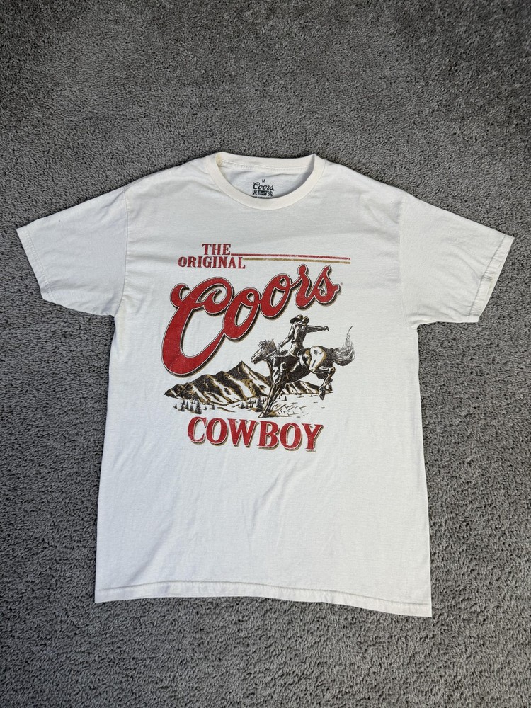 Coors Shirt Mens M White Short Sleeve Cowboy Graphic Crew Neck Tagless Cotton
