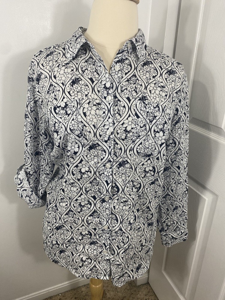Charter Club 2X 100% Linen Top Floral Artsy Boho Beachy Preppy Navy Blue White