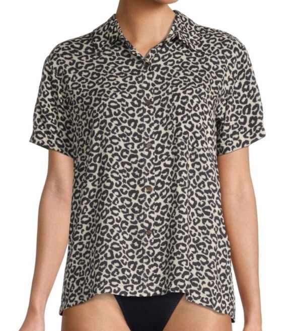 Solid & Striped Top UPF Short Sleeve Button Up Leopard UV Protect Shirt XL