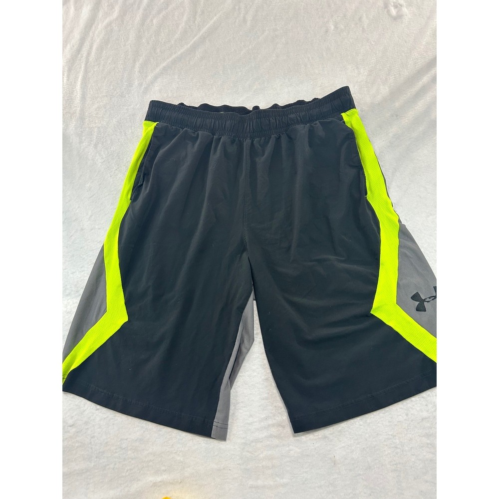 Under Armour Mens Large Black Neon Yellow Grey Loose HeatGear Athletic Shorts