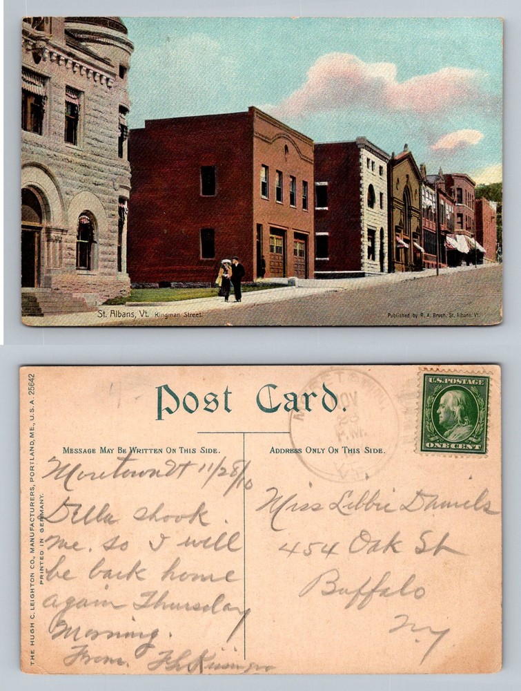 St Albans, VT-Vermont Kingman Street Downtown Storefronts Vintage c1910 Postcard