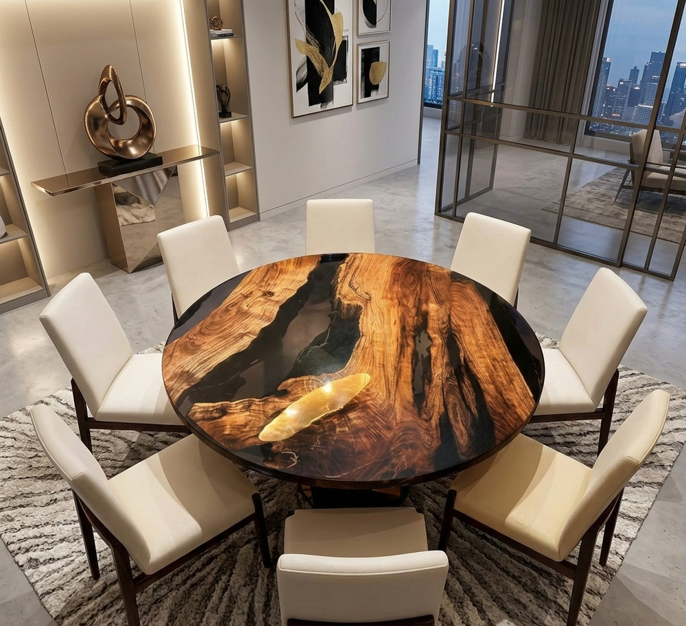 Handmade Black Epoxy Resin Round Dining Table Top – Live Edge Wood River Table,