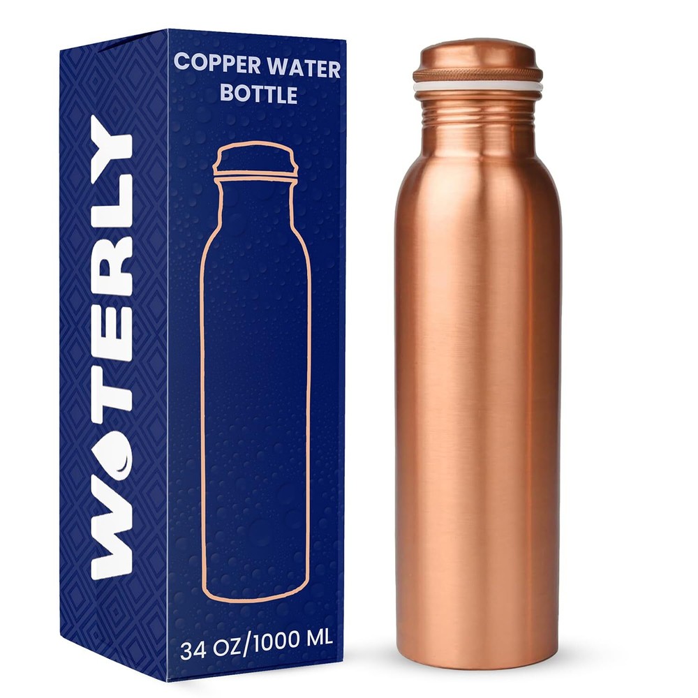 WOTERLY Pure Copper Water Bottle 34 oz Leak Proof Design | 100% insulated cop...