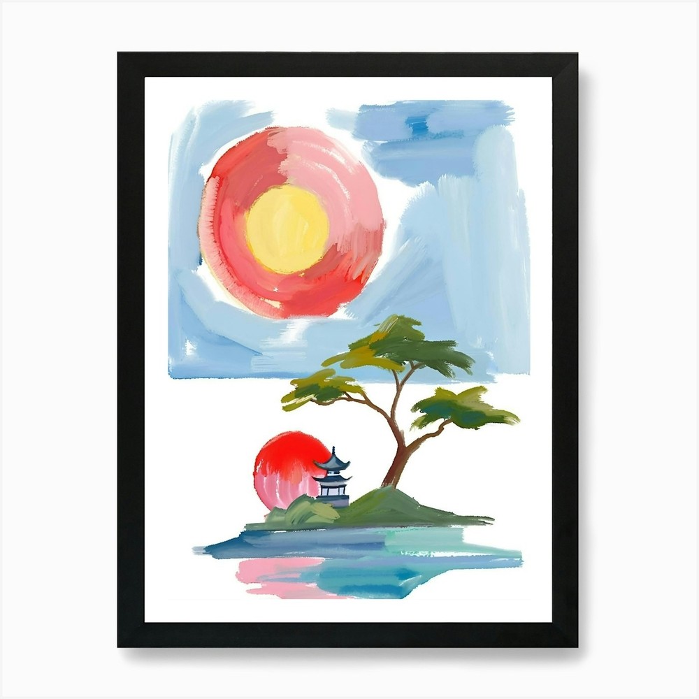 Vibrant Watercolor Tree and Sun Art Framed Canvas Wall Decor