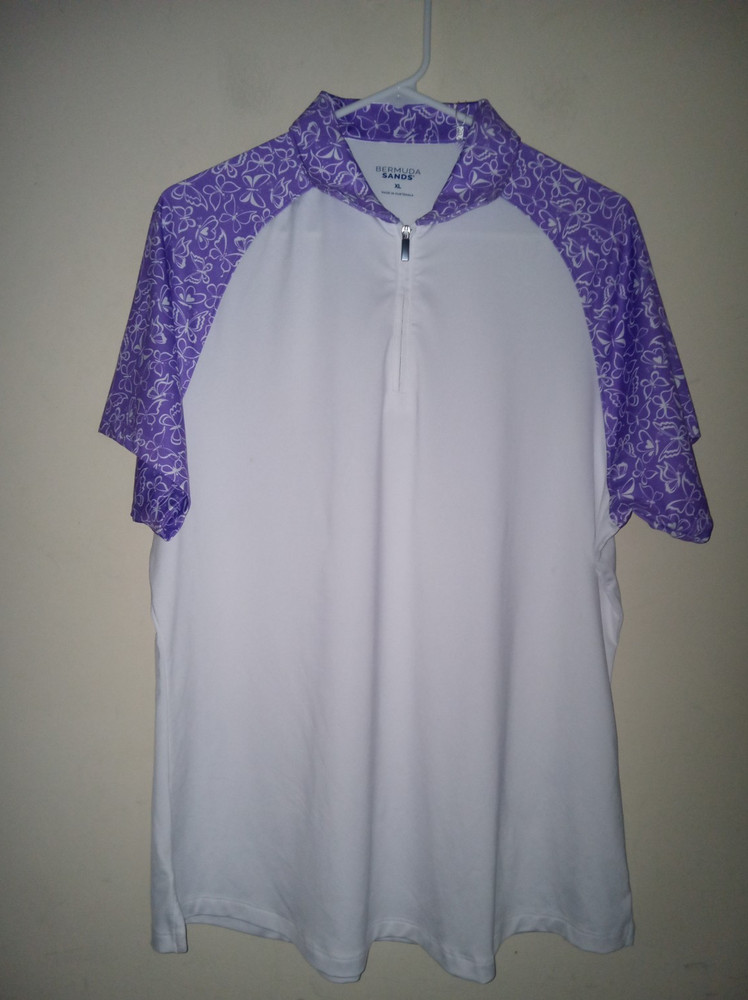 Bermuda Sands Women's Golf Shirt XL Short Sleeve 1/4 Zip  UPF 50+ White Purple