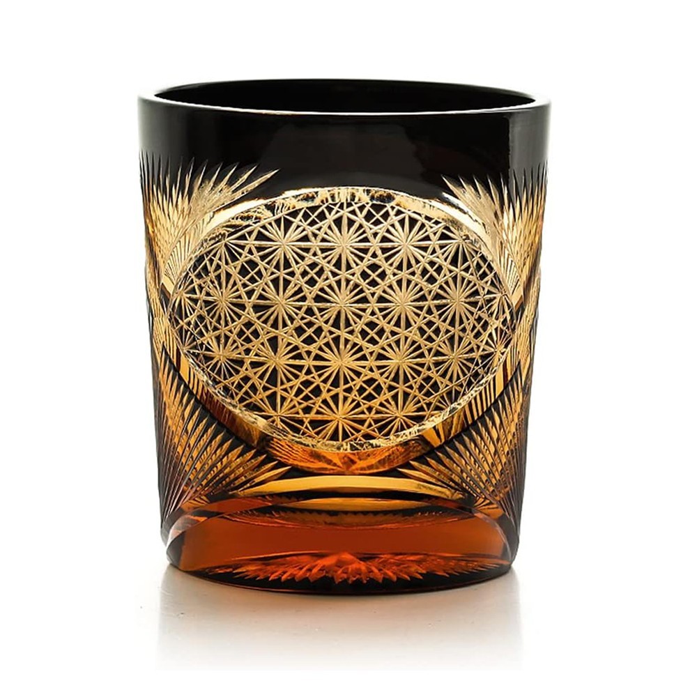 Luxury Handmade Edo Kiriko Whisky Brandy Crystal Cut Glass Amber Black Tumbler
