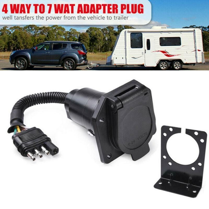 4-Way Flat to 7 Pin Trailer Adapter Power Plug Connector + Bracket for RV Camper