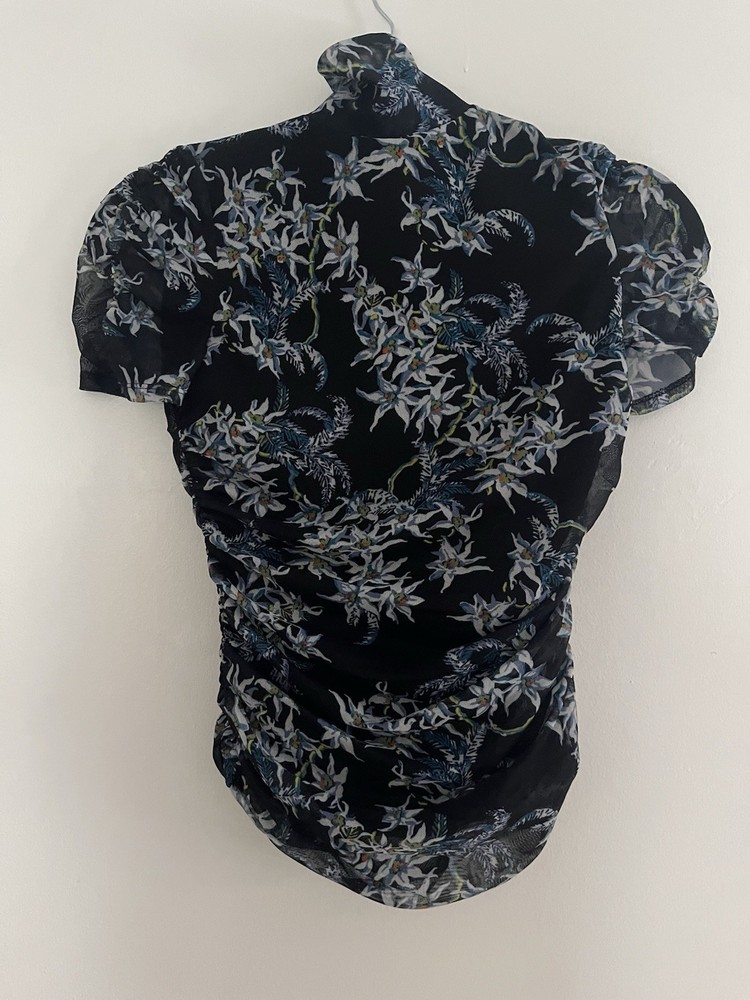 Cinq a Sept Women's Ruched Short Sleeve Blue Floral Shirt