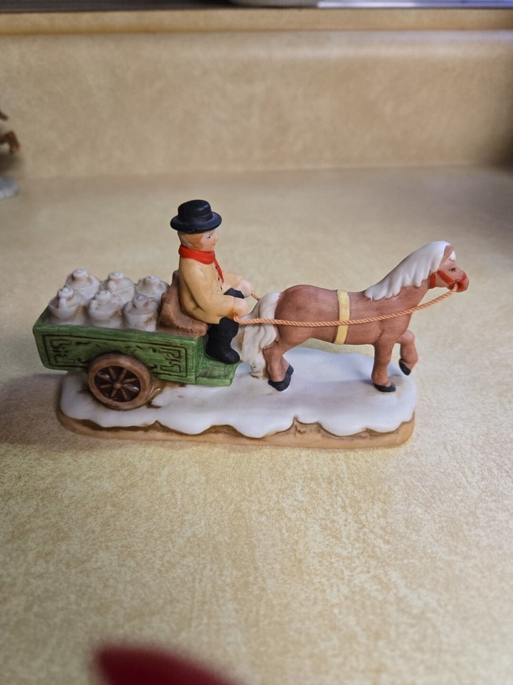 Lefton Colonial Village Figurine 1987  Horse Drawn Matt's Milk Wagon 06461