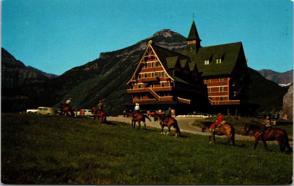 Riders at Prince of Wales Hotel Waterton Lake Alberta Canada Vintage Postcard