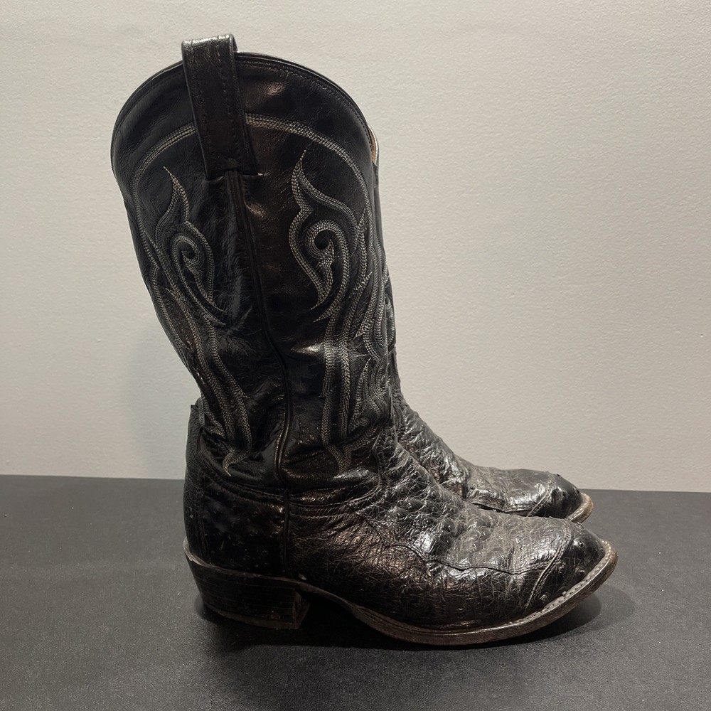 Tony Lama Boots Mens Size 9 EE Black Ostrich Leather Western Cowboy Made USA