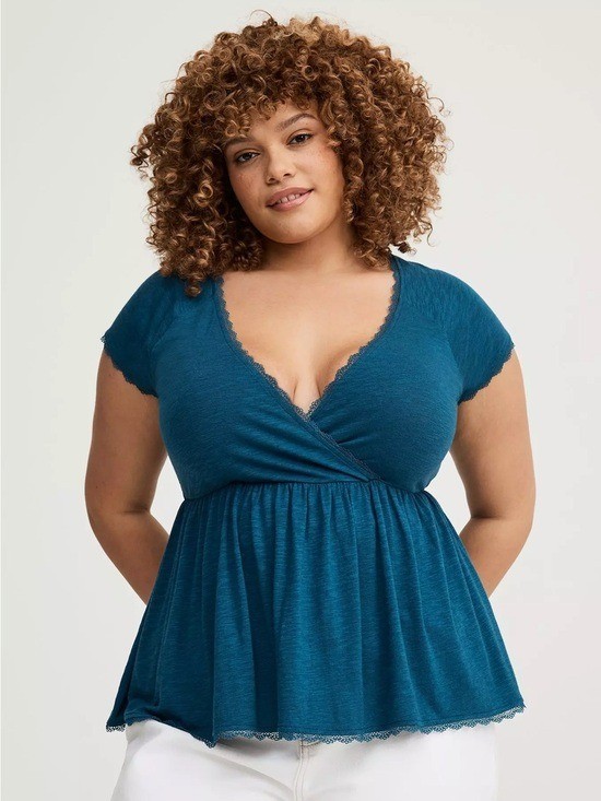 Torrid Surplice Babydoll Top Size 2X Legion Blue Teal Lace Trim Stretch Bohemian