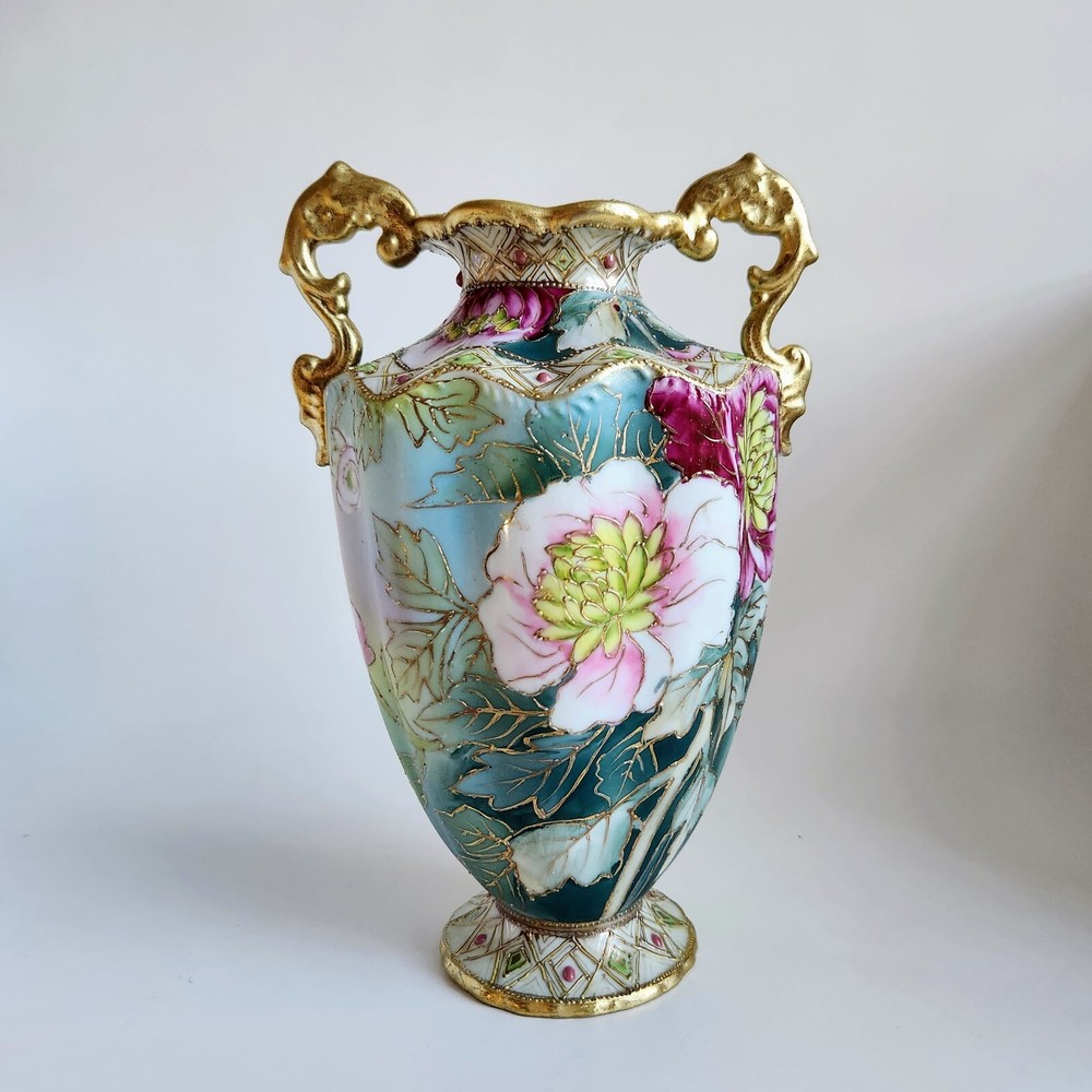 Antique Nippon Vase - Intricate Floral Design with Gold Guild Detail, 8 Inches