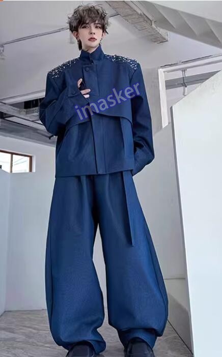 Casual Men's Rivet Long Sleeve Denim Shirt Jacket Trousers Wide-leg Pants 2pcs