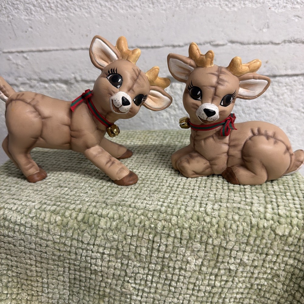 Vtg Christmas Reindeer Ceramic Kimple Mold Figurines Hand Painted SET OF 2 1980s
