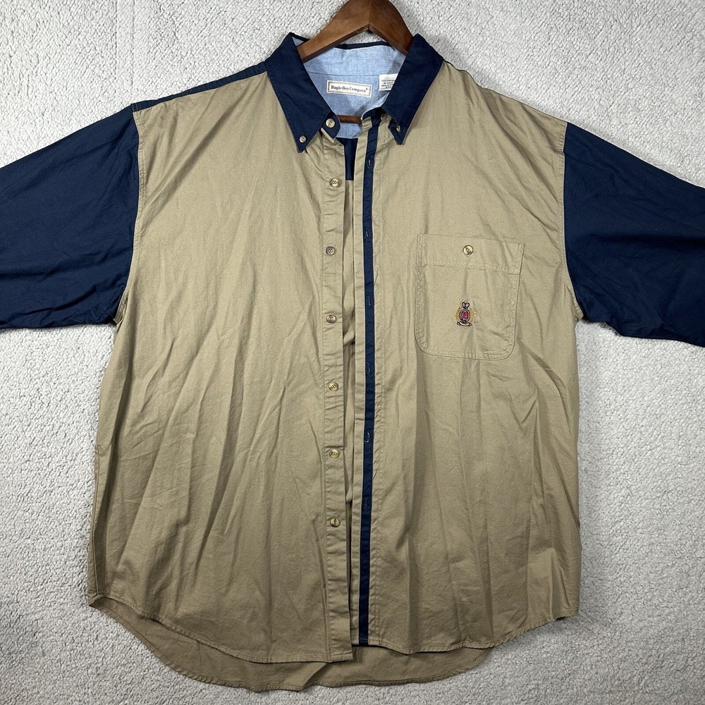 Vintage Bugle Boy Company Shirt Adult XXL Beige Blue Button Up Long Sleeve