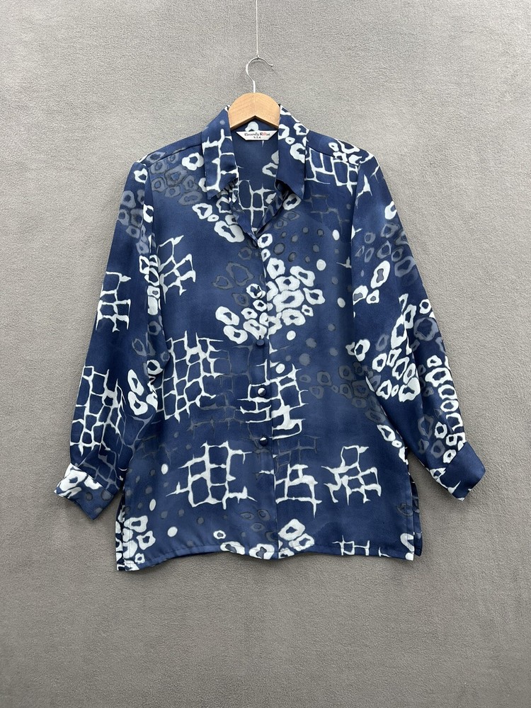 Vintage Beverly Rose USA Large Blue Abstract Long Sleeve Button Front Tunic