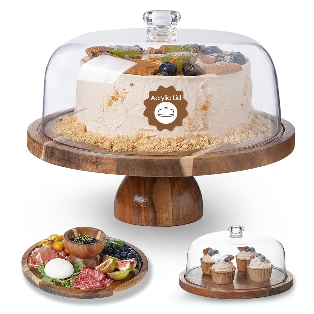 Acacia Wood Cake Stand with Clear Acrylic Lid - 12 Inch Multi-Purpose Serving Plate-image