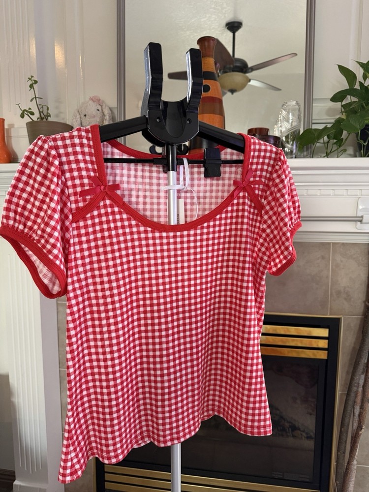 No Comment Plus Red Gingham Bow accent Sleeve Blouse Scoop Neck 1X women girls