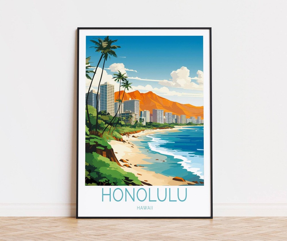 Honolulu Hawaii Travel Poster Hawaii Print Honolulu Hawaii Wall Art Custom
