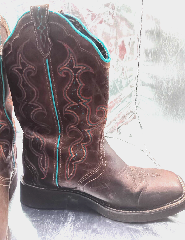 Botas occidentales para mujer 9 B Justin Gypsy Raya cuero marrón punta cuadrada L2900
