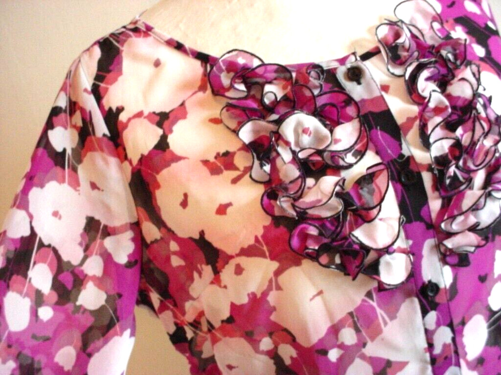 East 5th Medium Semi Sheer Blouse Button Front Top Ruffles Floral 3/4 Sleeve