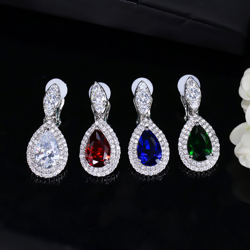 Non Pierced Clip On Water Drop Earrings Silver Plated Blue Zircon Bridal Jewelry