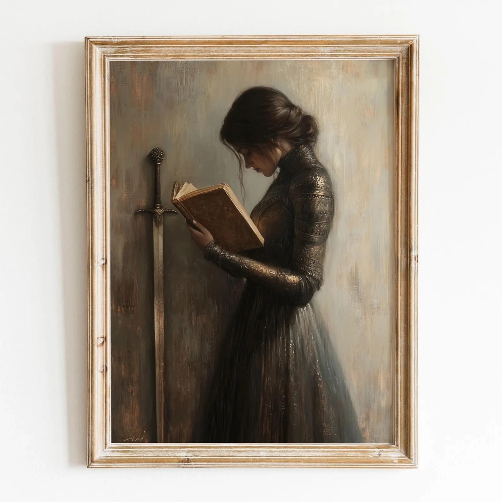 Victorian Woman Knight Reading Book Wall Art Print Vintage Dark Academia Decor