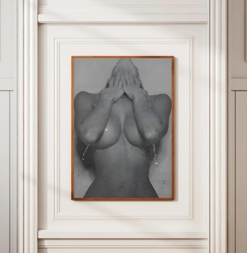 Feminist Woman in Shower Black and White Bathroom Wall Art Poster