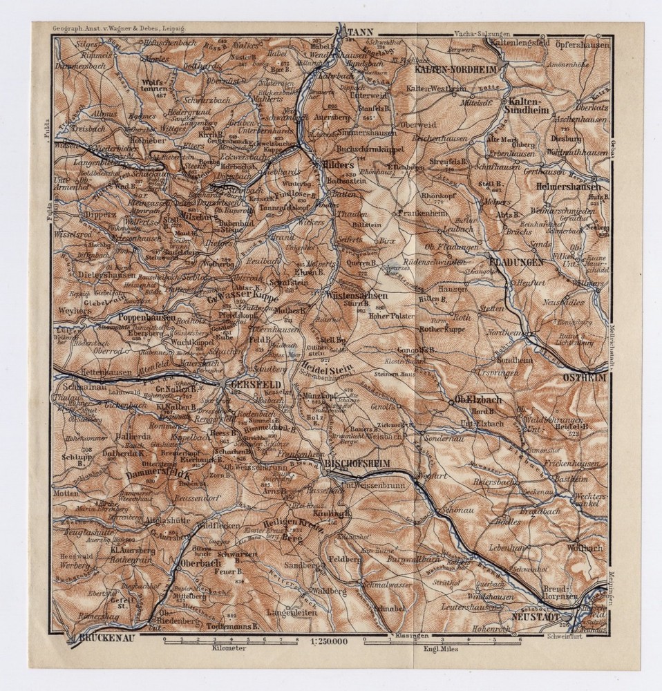 1911 Antique Map Of Vicinity Of Gersfeld Bischofsheim Ostheim Neustadt / Germany